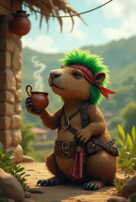 Pirate capybara with green hair drinking mate in an Argentinian turkey