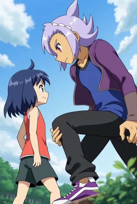 s rival Dawn Hikari from Pokémon , dark blue hair,  blue eyes ,  and Paul Shinji with shoulder-length straight lilac hair, sharp striped dark eyes and black , tanned complexion, Seriously stoic boy who wears a purple jacket, blue t-shirt,  dark pants and p...