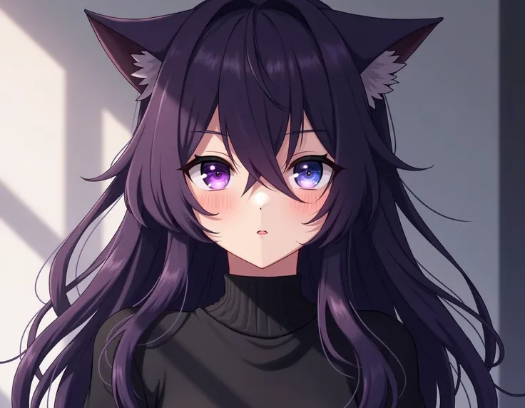 Animestyle, Adult catgirl ,  very long loose dark purple hair, black sweater,  she has two different eye colors ,  the left eye is purple ,  the right eye is blue ,