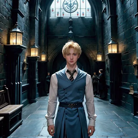 image of what an RP character from Harry Potter looks like, Ravenclaw, short blonde hair, and white skin blue eyes , dresses like Ravenclaw , male man and the Hogwarts corridors in the background