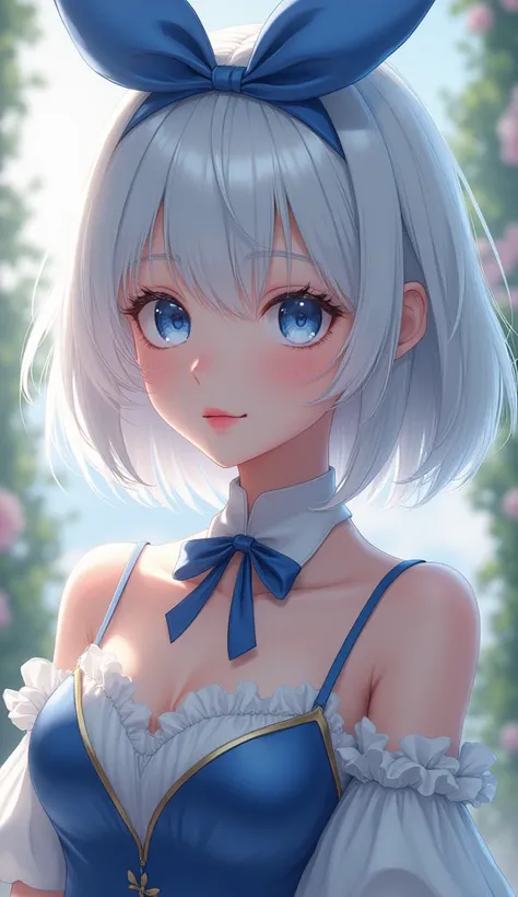 1girl, solo, blue eyes, lips, bow, realistic, hair bow, bare shoulders, dress, cosplay photo, ribbon, upper body, looking at viewer, white hair, blurry, hairband.  (best quality,4k,8k,highres,masterpiece:1.2),ultra-detailed,(realistic,photorealistic,photo-...