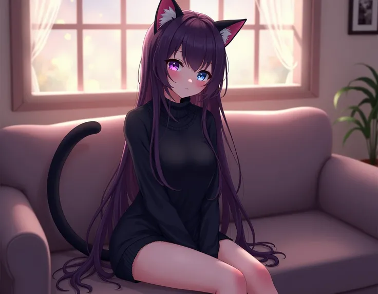 Animestyle, Adult catgirl ,  very long loose dark purple hair, black sweater,  she has two different eye colors ,  the left eye is purple ,  the right eye is blue , whole body image, sitting on the sofa