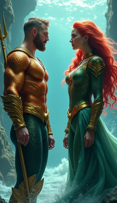 Create an image of Aquaman and Mera standing face-to-face, both showing their royal and powerful expressions. Aquaman, in his golden armor with the trident in hand, exudes authority with a serious, determined look. Mera stands opposite, her long red hair f...