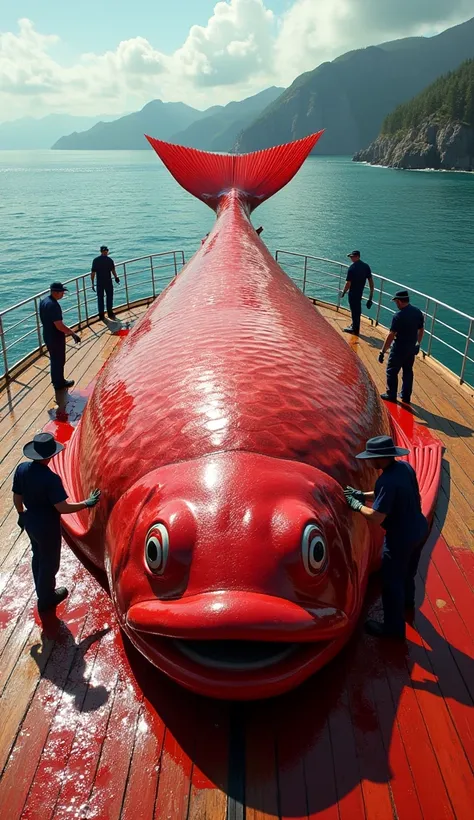 A massive red fish, shimmering in the sunlight, lies sprawled across the deck of a ship. The creatures glistening, scaled body spans nearly the entire width of the wooden deck, which is streaked with splashes of vibrant red liquid. Surrounding the fish, fo...