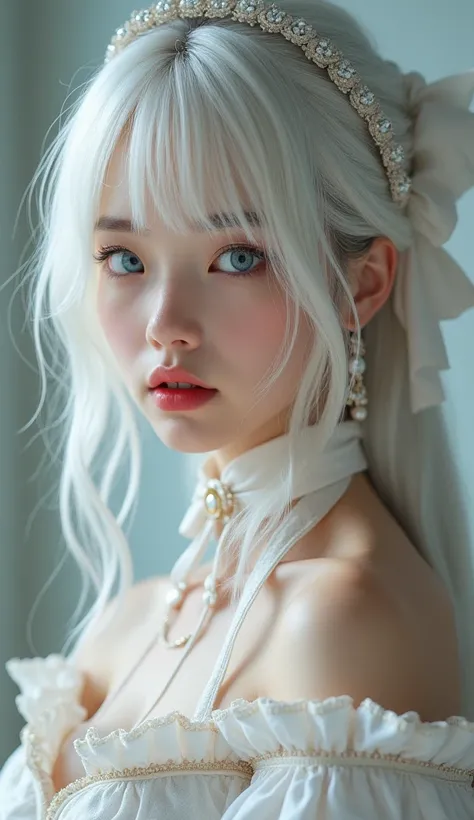 A photorealistic portrait of a young woman, featuring piercing blue eyes, luscious lips with a hint of a bow-shaped smile, dressed in a detailed cosplay attire with a delicate hair bow and ribbon accentuating her bare shoulders. Her white hair cascades dow...