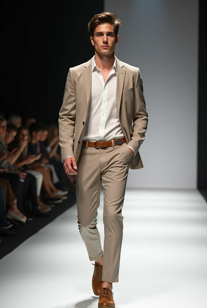 A male model wears causal fashion in European style in fashion show
