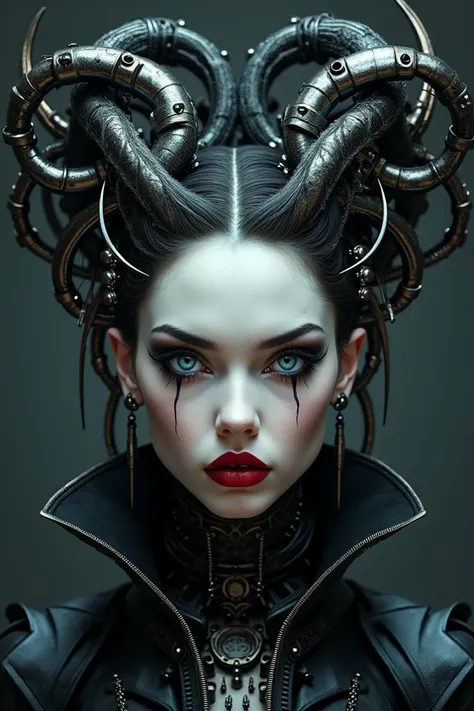 This image features a striking and intense portrait of a character with a fantastical and somewhat gothic aesthetic. The character has pale skin and striking blue eyes, accentuated with dark, heavy eyeliner and red lipstick that contrasts with the overall ...