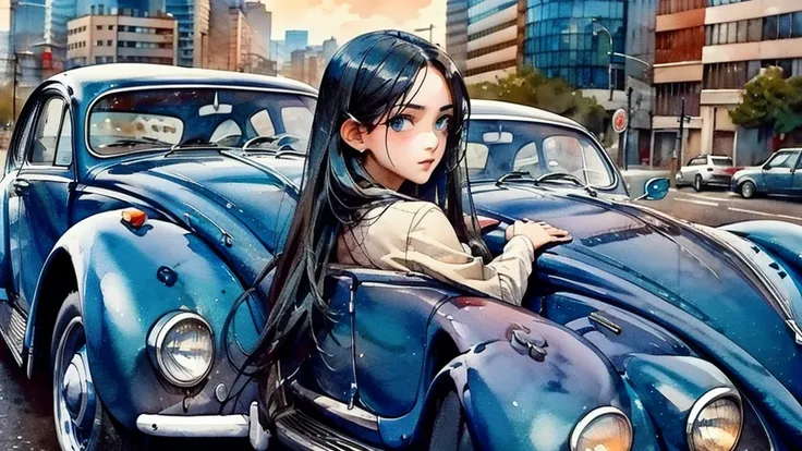 A girl with long black hair, blue detailed eyes, beautiful eyes, sitting inside a sports car on the back seat and looking out of the car window into the city, side shot