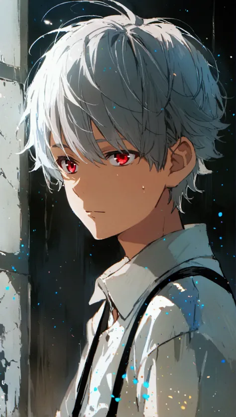 Solo, 1boy, anime, shota, with grey hair, with red eyes, swept back hairstyle, with white shirt, with black suspenders, black background 