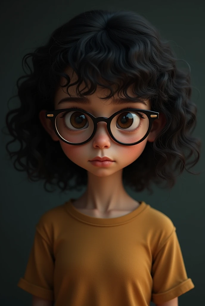 Young girl, black curly hair, not very slim, round face, glasses, dark background