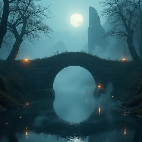 An ancient stone bridge shrouded in a thick, ethereal fog, spanning a deep, tranquil river surrounded by a dense forest. The bridge is ornately carved with intricate patterns of mythical creatures and ancient symbols, weathered by time, with moss and ivy g...