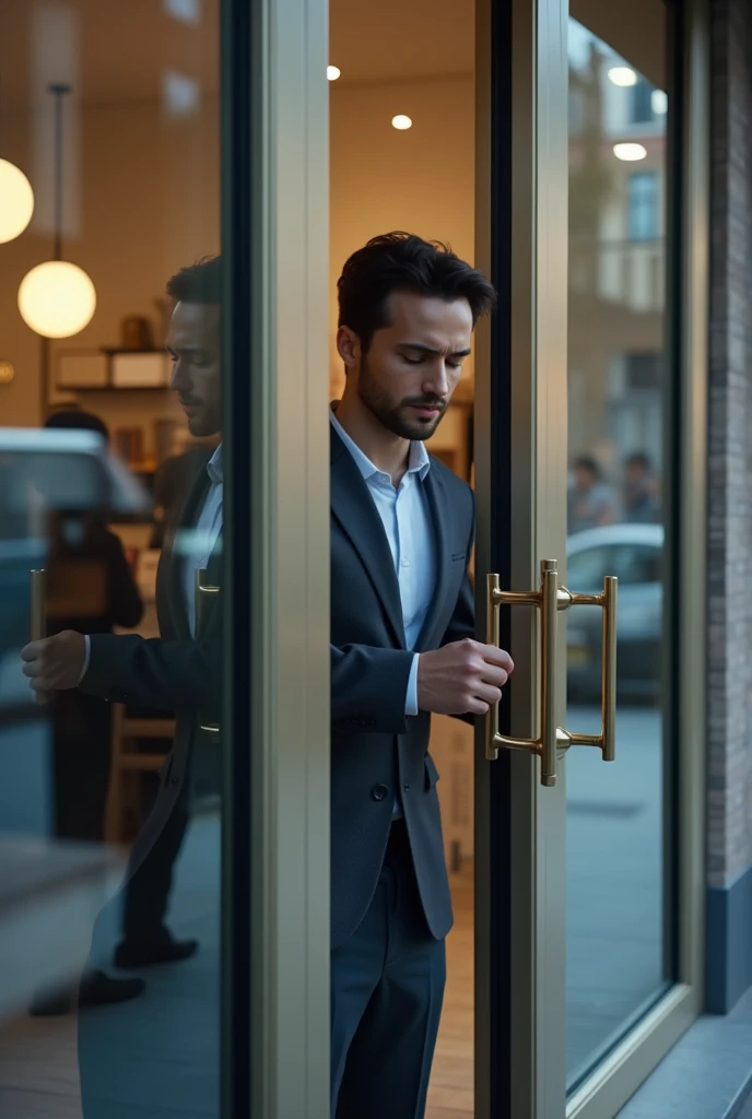 Someone opening a glass door of a store ,  focuses on the person opening the door and on the door 