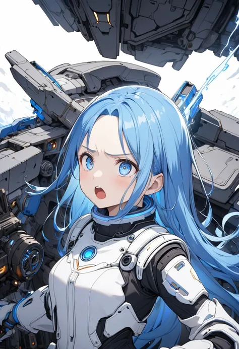 (delicate and beautiful), (robot anime comic illustration),
(beautiful forehead)
(beautiful vivid blue hair delicate long hair),
(immensely cute girl) (age 15), (beautiful blue big blank eyes), (shocked:1.3 face), (angry big open mouth), (small tits),
in a...