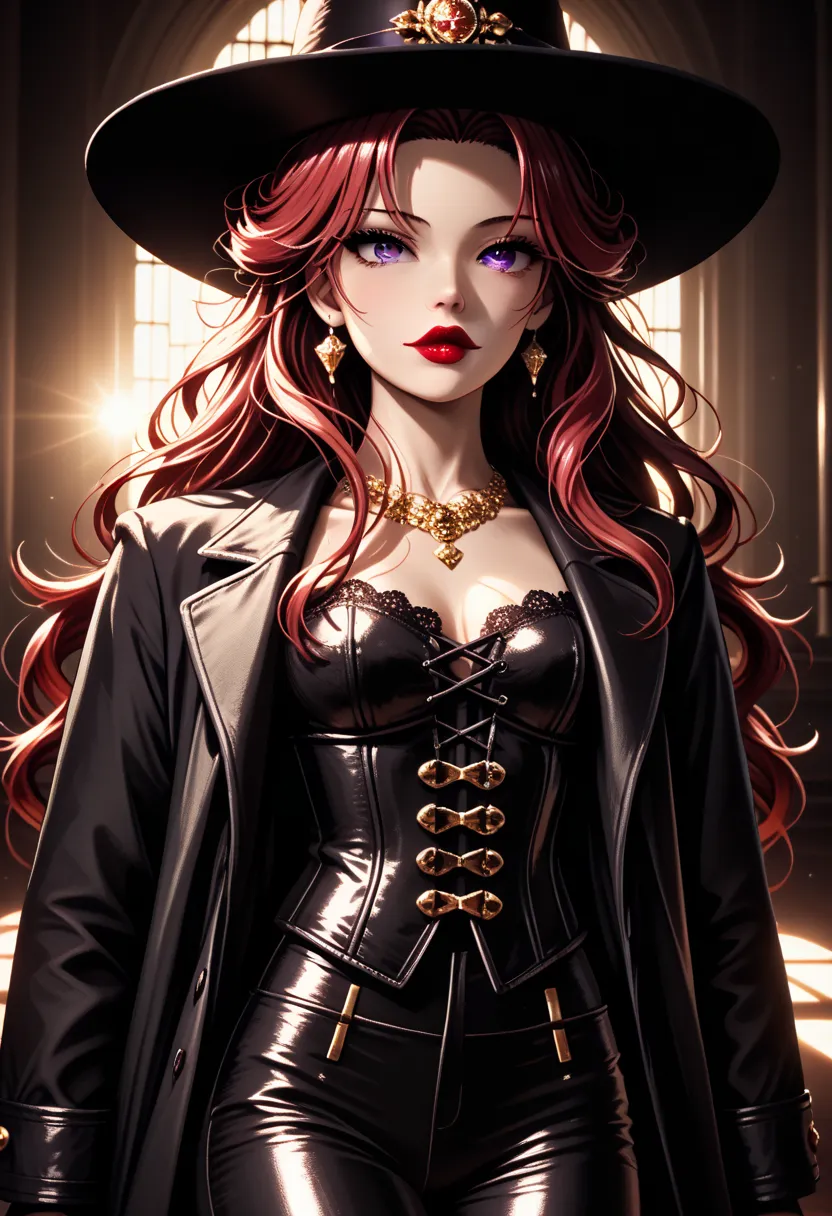 ((alone, [1mulher, (takashiro hiroko, dark purple eyes, red hair, long hair), lipstick,  extremely detailed ,  soft ambient ligh...