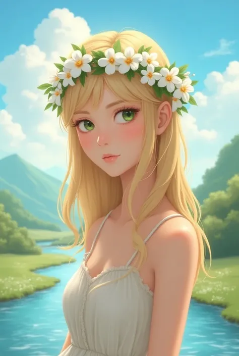  A young blonde with straight wavy hair ,  small green eyes and round face looking forward . Her nose is small and round ,  her mouth is small and she is wearing a wreath of white flowers and a dress closed around her bust .  The sky is blue and with cloud...