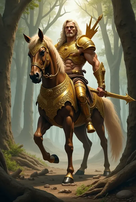  a centaur in military gold armor ready to attack with his magic sword around his waist, a golden bow crossed on his back ,  in a forest where there was a previous war 