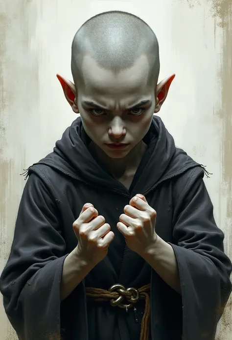 monge fisting short hair, conceptual art of a monk, fantasy character,  high detail iconic character , threatening pose, short hair, immature young gray skin