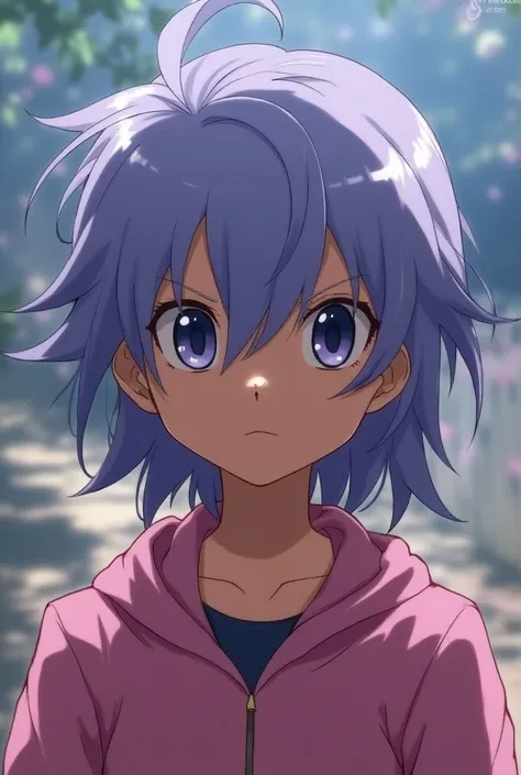  Serious stoic boy with sharp eyes ,  tanned skin, with large slanted eyes and dark pupils ,  with shoulder-length lilac hair and Dawn Hikari from a teenage Pokémon with blue hair and dark blue eyes dressed in pink