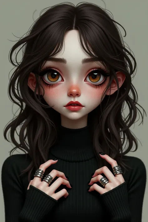  A Tim Burton-style woman with dark brown hair, Very frizzy , low back length ,  dark brown round eyes with long eyelashes , wear ring rings ,  wide jeans and black sweater 