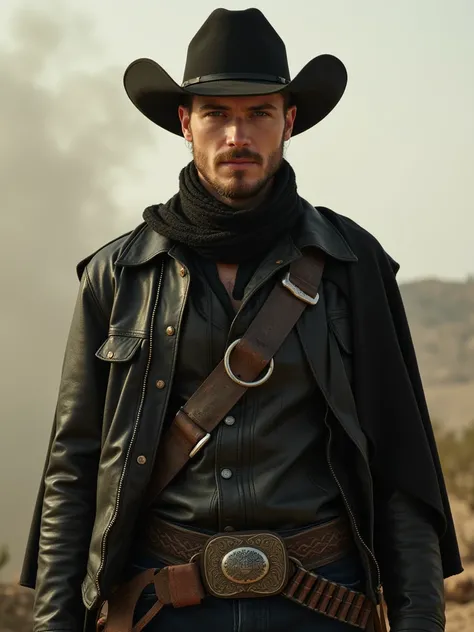 A highly detailed and cinematic portrait of a cowboy in a western setting. The cowboy is a young, confident male with sharp facial features, standing in a heroic pose. He wears a weathered black cowboy hat, a rugged dark leather jacket, and a scarf wrapped...