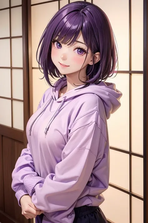 ( best quality, high definition ,8k,inelity detailed background, masterpiece :1.2), pretty girl,Big Breasts,( glossy purple hair :1.3),short hair,bob cut,Beautiful purple eyes, HOODIE, hotpants,Gentle look,A refreshing look,Best quality, best quality,Aesth...