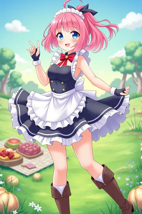 feliciapicnic, pink hair, ponytail, blue eyes, bow, sleeveless, skirt, fingerless gloves, maid shirt, maid outfit, knee-length brown boots, full body