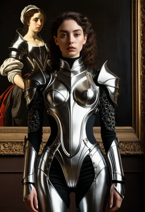 gothic platinum space nanosuit armor; fitted to the body; beautiful women; futuristic; caravaggio painting
