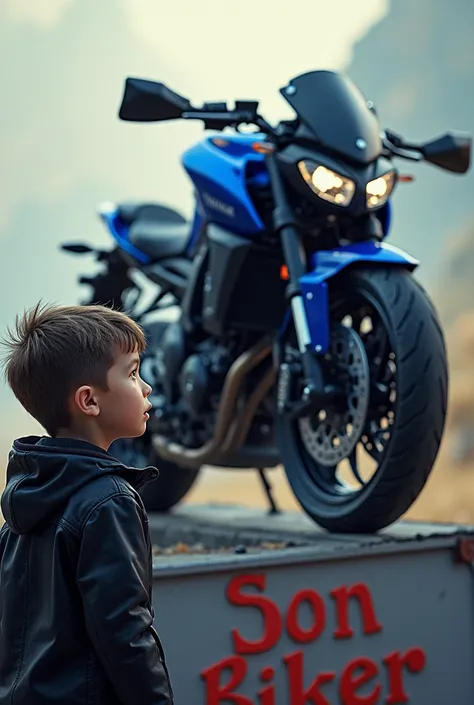 A boy in a black jacket seeing a large blue Yamaha mt09 motorcycle standing on top of a sign that says “Son Biker” 