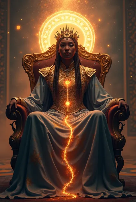 Super drip

Siting on a throne

Aura crown 

A chain made out of galaxy

Hiper realistic

And super detail

Braids

Black person

