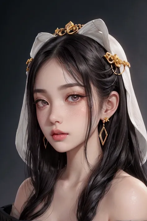 A highly realistic digital illustration of a young woman with long, glossy black hair that flows naturally around her face, partially covering her forehead and falling over her shoulders. Her expression is serene and contemplative as she looks slightly upw...