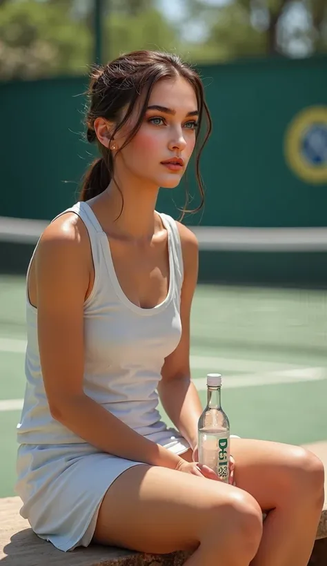 A tennis star with clear, well-defined facial features and fair skin sits on a bench next to the court. Her makeup is light, highlighting her eyes and lips, while her brown hair is tied back loosely. She wears a basic sleeveless tennis top and shorts, drin...