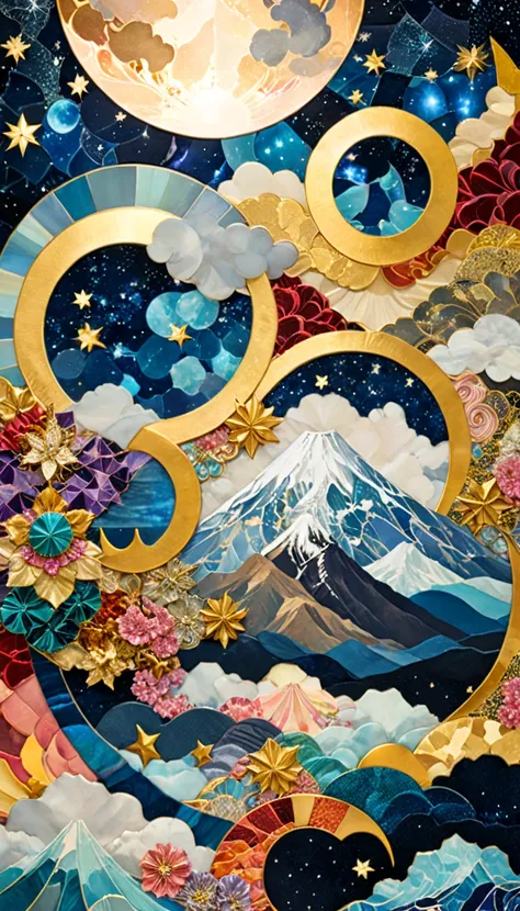 Serene Celestial Symphony depicting Mount Fuji: double exposure, magical masterpiece, highest quality, detailed panorama blending vibrant colors, 2D, tranquility, vintage serenity, art on cracked paper, patchwork, celestial dreamscape, detailed illustratio...