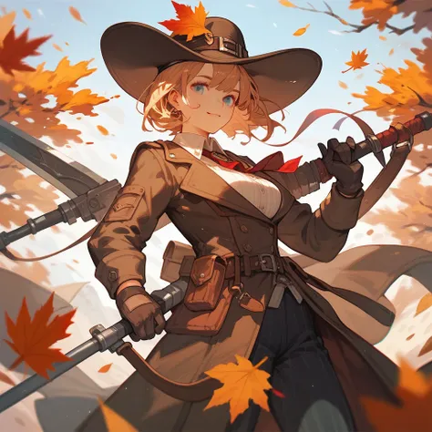  who has weapons　Late Autumn　hat　 shorthair 　The color of the hair is black 　Early 20s　 has a weapon　