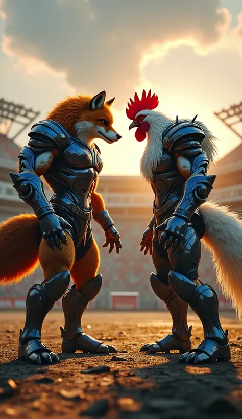 Object: imposing humanoid fox and imposing humanoid white rooster with a red crest, Position: standing face-to-face in a powerful and tense stance, Complete Scene: a dramatic showdown between the two rivals, Background: a post-apocalyptic football field wi...