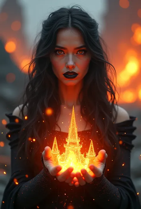 A sexy fire queen, red eyes, flowing dark hair, black lips, hands raised, ice magic in hands, black and red outfit, full body view, fire castle in background, (best quality,4k,8k,highres,masterpiece:1.2),ultra-detailed,(realistic,photorealistic,photo-reali...