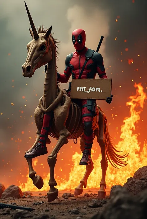  Deadpool holding a sign marked "mr_pool" sitting on a unicorns skeleton on fire  