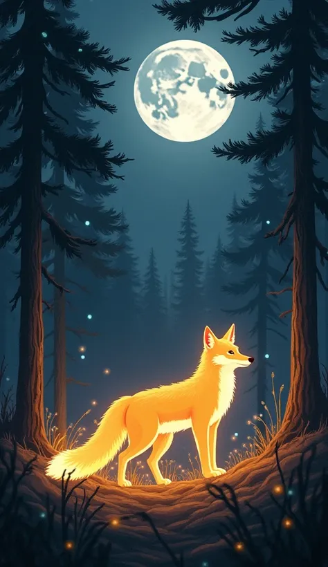 Under the silver light of the full moon,  the lumberjack finds Yuki in the heart of the forest .  She slowly transforms into a nine-tailed fox ,  each shining like a flame golden .  Small bluish firecrackers dance around it ,  illuminating the place with a...