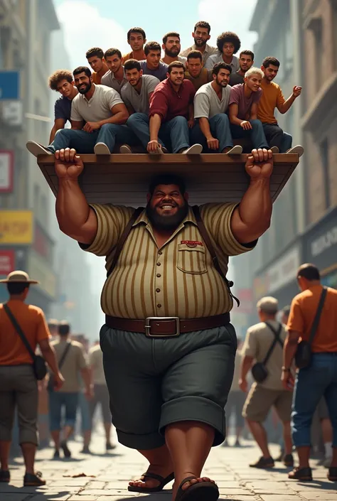  A fat and strong man , with normal size ,  wearing a striped shirt and belt ,  holding a platform with lots of normal people on it on a street with several people watching