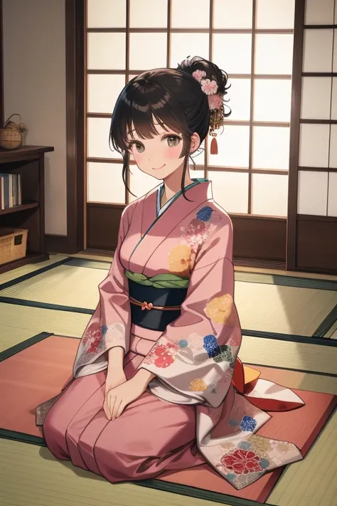   score_9,   score_8_up,   score_7_up,   score_6,   score_5_up,   score_4_upanime break，  Its a quiet, traditional Japanese-style room 、There are tatami mats and shoji doors  、  soft light shines in  .   A woman wearing a beautifully patterned kimono and o...