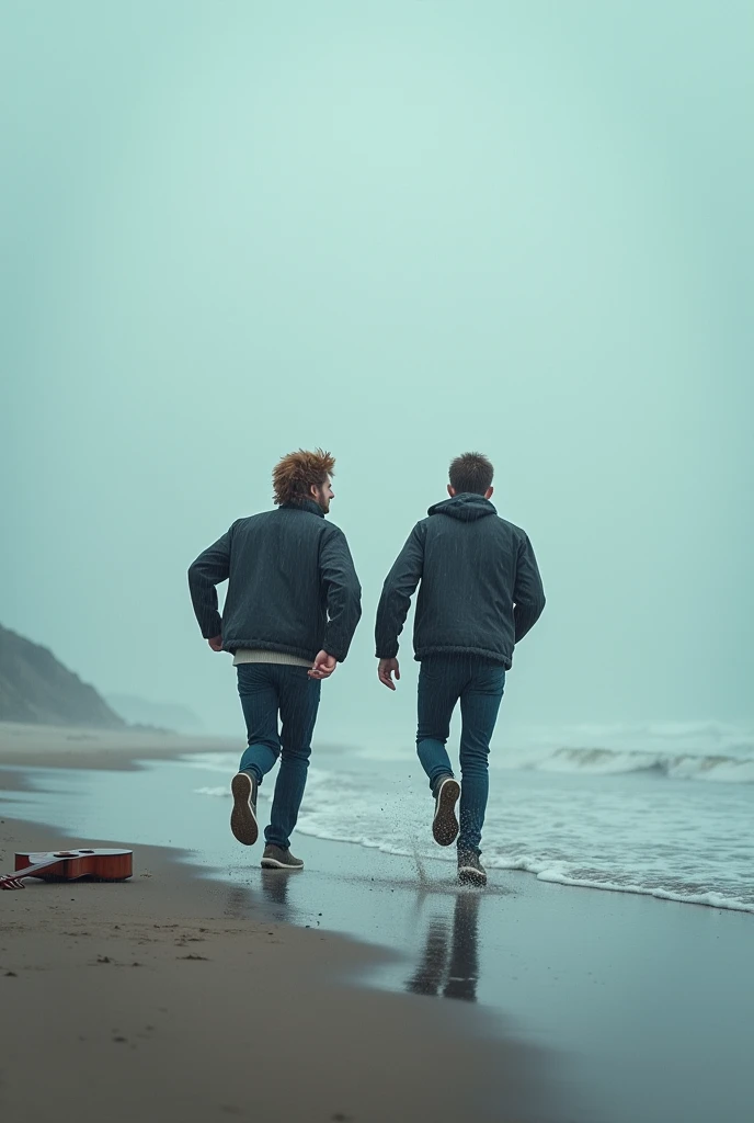  are two 30-year-old young men who are Saqqan at the end of a beach and they have a guitar sitting on the ground while they are running to the sky .  in a very winter weather and heavy rains. They are far from seeing us as scenes of a very beautiful pictur...