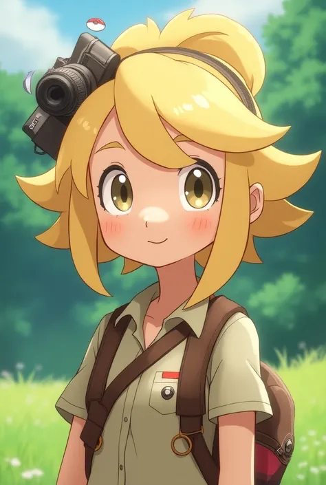 Blond Pokémon character with light eyes and hair tied with a camera 