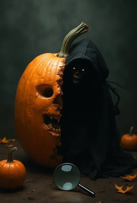 An image such as for a YouTube profile that is scary, one half of a pumpkin and the other half that is something that has to do with terror and this with a magnifying glass but very realistic