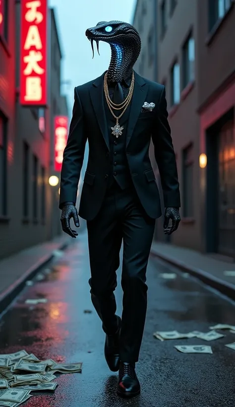 A hyper-realistic full-body depiction of a man with the head of a cobra, wearing a sharp black suit with exquisite fabric detailing and white diamond jewelry. The cobra-headed man’s tall, lean form is accentuated by the tailored black suit, with diamond ri...