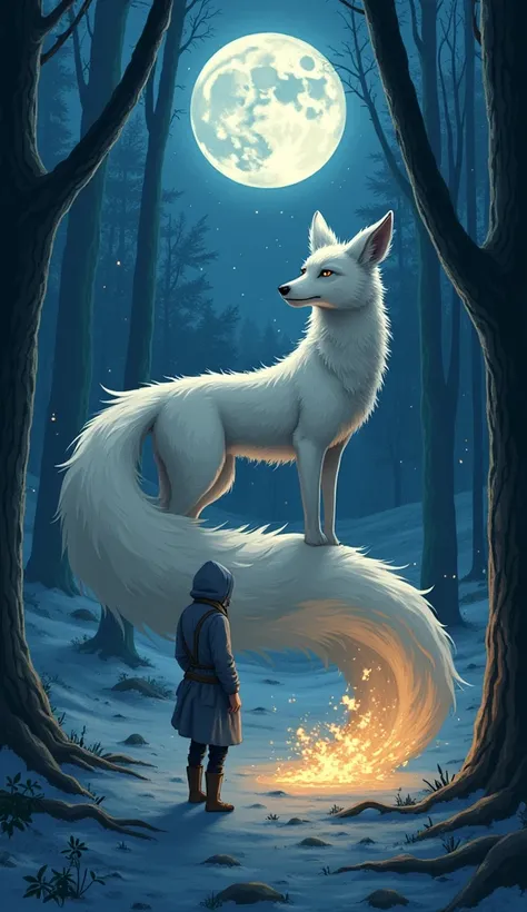 under the full moon,  the lumberjack finds Yuki in the heart of the forest .  She slowly transforms into a nine-tailed fox ,  each shining like a flame golden . . The lumberjack ,  stunned but serene ,  observes the creature with a mixture of surprise and ...