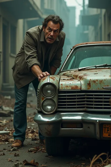  Frightened man looks at a rusty Chrysler Le Baron , The man is scared 