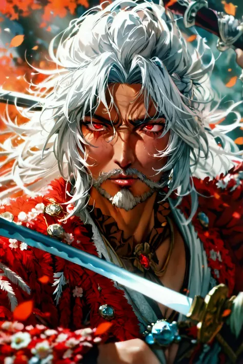  Musashi Miyamoto from the teenage version of the 14-year-old anime vagabund,  red eyes , Very long hair,  ponytail ,  white-haired,  High resolution, Ultra HD, Sword with white handle and black blade Masterpiece ,  best quality , detail, details altos,  p...