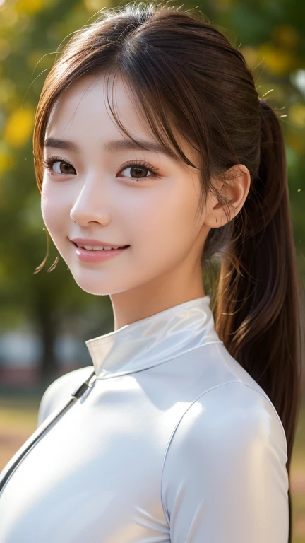 Two girls standing in the fall schoolyard , long-sleeved white latex unitards and white compression long pants, red tie,18 years old,bangs,Smile a little, low ponytail 、face-closeup、
Huge 、  long brown hair 、Sparkling,  oily skin 、 Glowing Skin、 white skin...