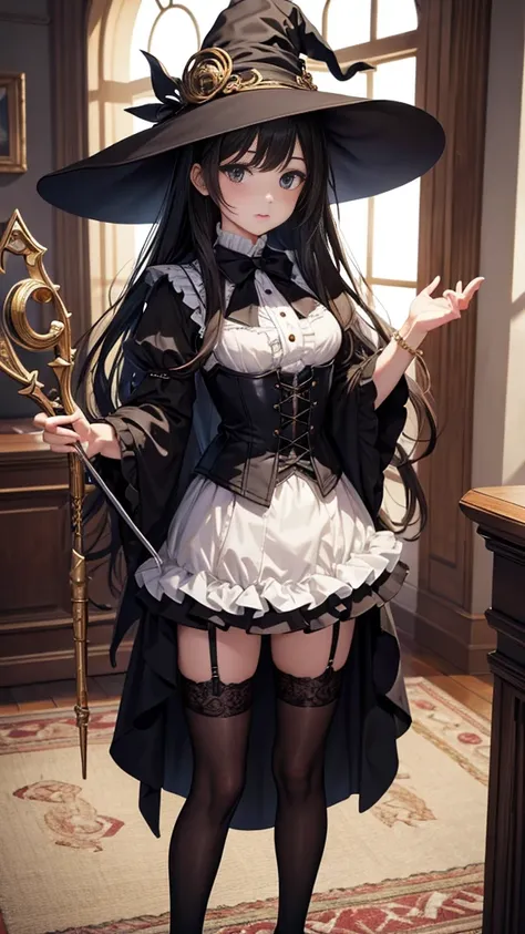  masterpiece,  Best quality , high resolution,  beautiful detailed eyes ,  extremely detailed face, Detailed CG, 1 girl; standing, Holds a wizards staff with his hand,  seen from above, looking at the viewer,  long black hair , black eyes,  impossible clot...