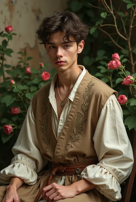 Prince Hyacinth , of the myth,  in modernity ,  with a cottagore style and earthy tones in his clothes.