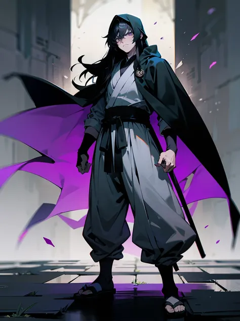 1male ,Scaled Skin,Adult Male,Muscular, Pale Skin, Shaggy Long Messy Black Hair , Purple Eyes , Serious Expression , Black and White Fitted Cloak, Akatsuki Cloak, Baggy Grey Pants, Standing on path , Perfect lighting , Ninja Clothing  , Perfect Generation